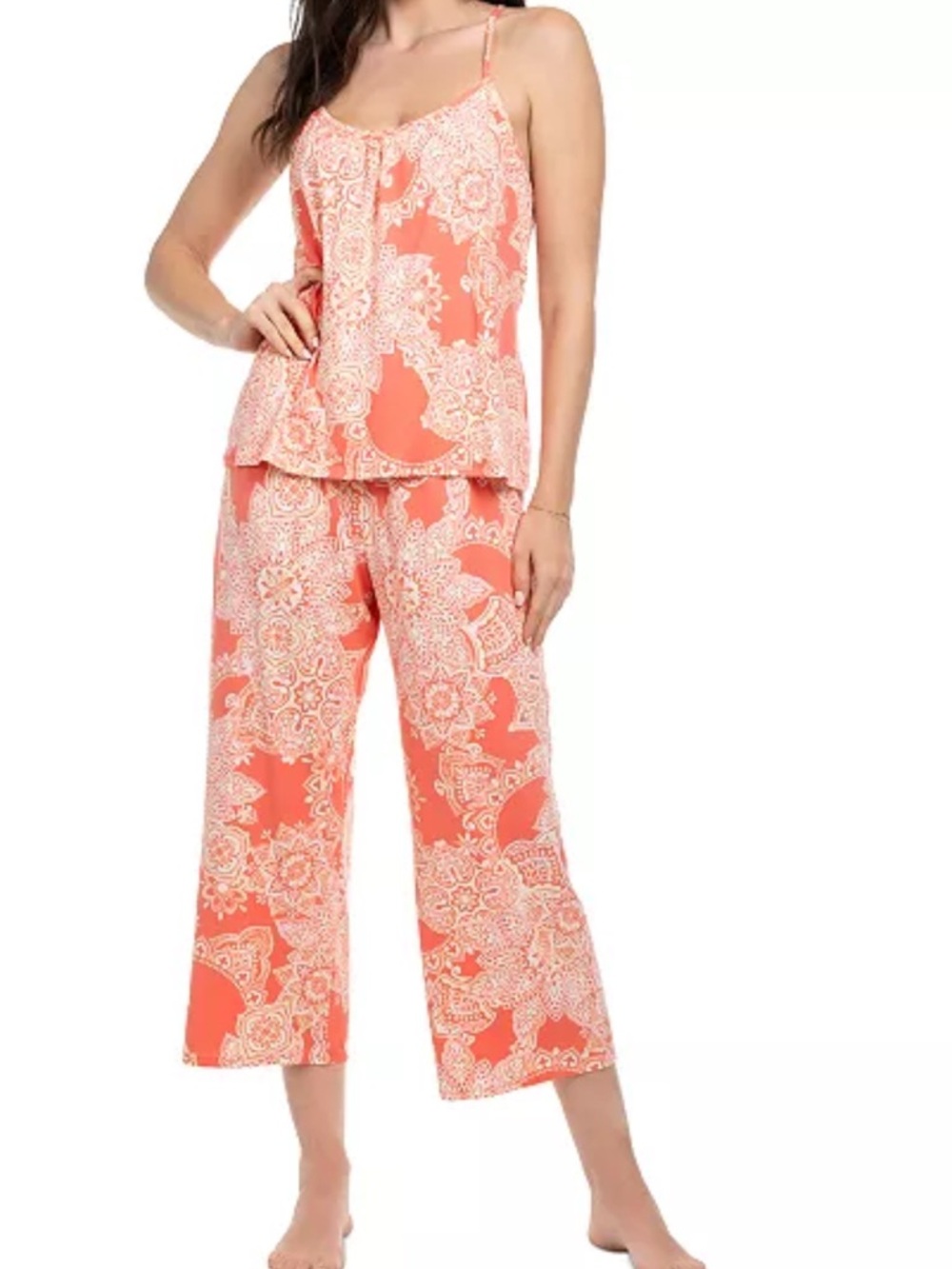 Linea Donatella Coral Paisley Lace-Trim Cami & Wide-Leg Pajama Set